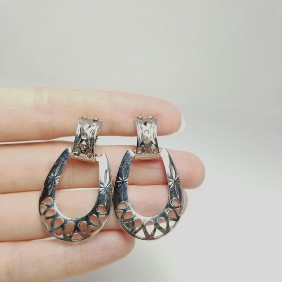 Vintage Silver Tone Door Knocker Style Stud Earrings, Cut Out Design, Estate - Picture 6 of 6